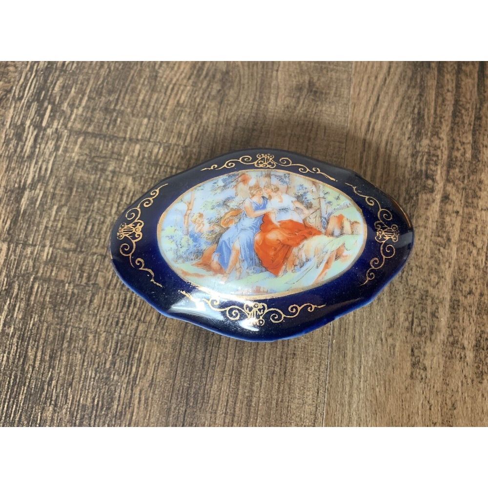 Vintage Cobalt Blue Gold‎ Oval Porcelain Trinket Jewelry Box
